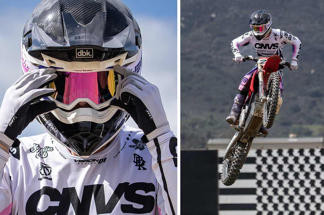 Ryan Ritter rocking the Heat Wave Visual MXG 250 Motorsport Goggles in the Highlighter Racing white color with spectrum pink lens.