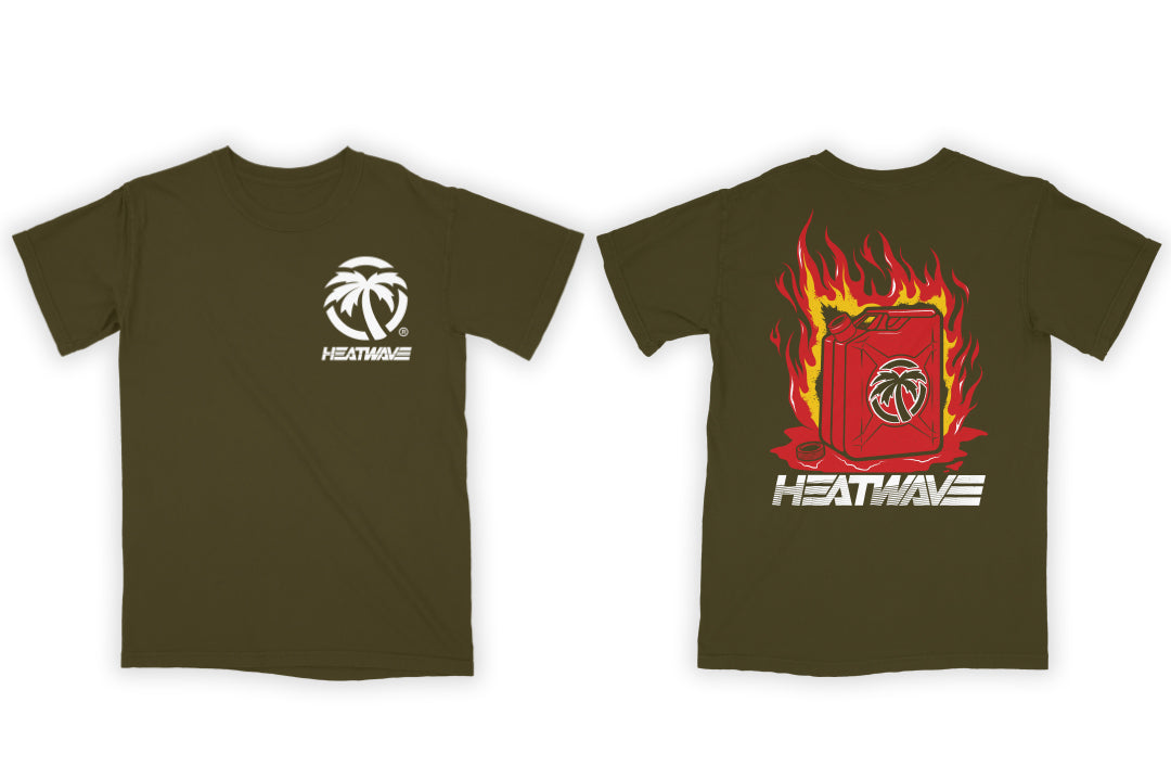 Heat Wave Visual Highly Volatile OD Green T-shirt with a burning gas can on the back.