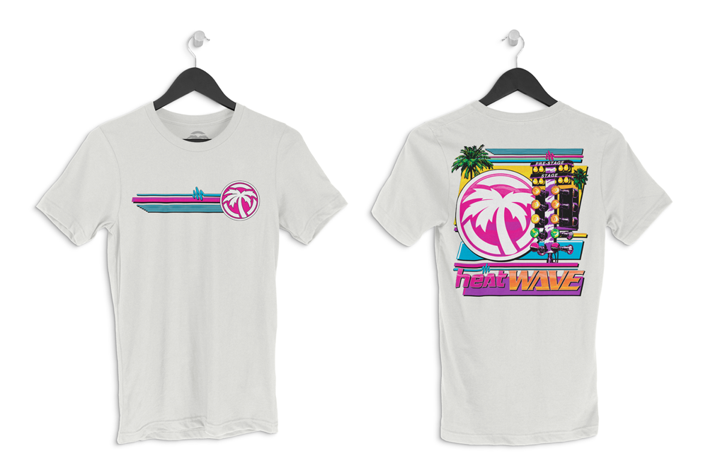 Front and back side of the Heat Wave Timing Tree T-Shirt on a white background.