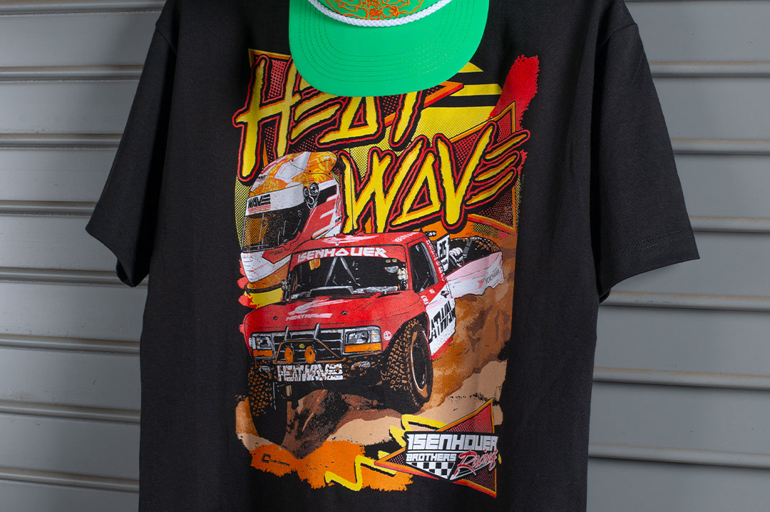 Back graphic of the Heat Wave Visual isenhouer Racing 2024 T-shirt. 