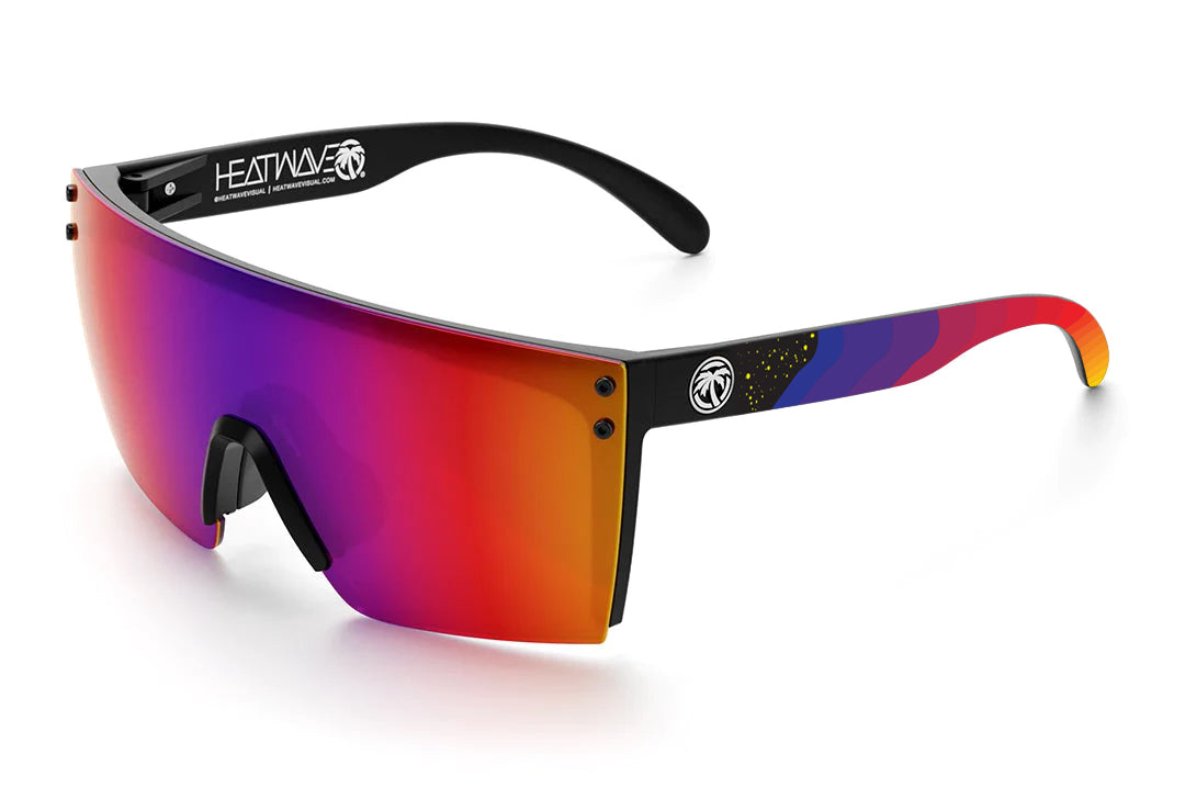 Heat Wave Visual Lazer Face Sunglasses with black frame, wavelength arms and atmosphere red blue lens.