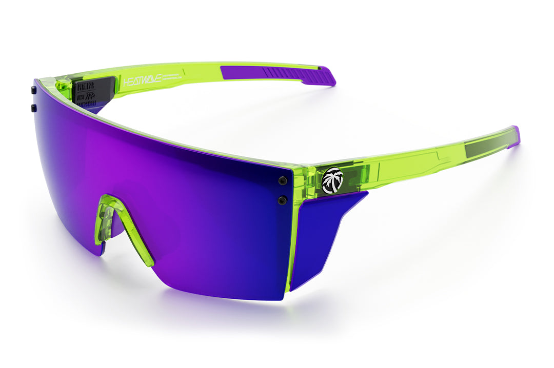 3/4th angle view of the Performance Lazer Face Sunglasses: Antifreeze Z87+ with purple side shields on a white background.