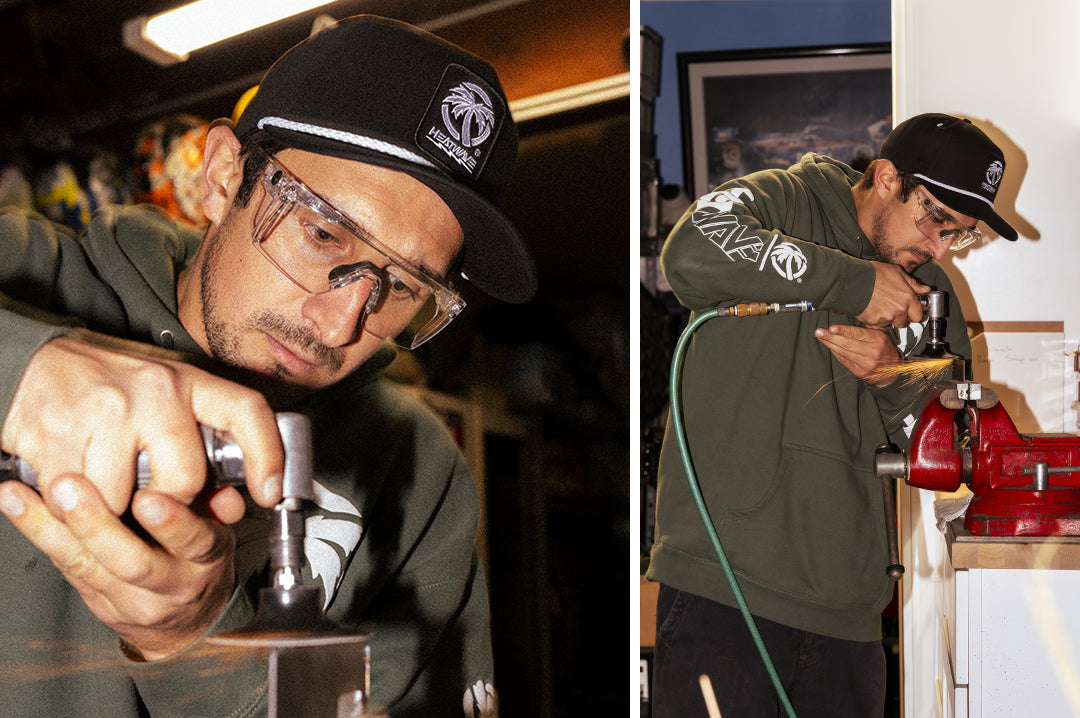 Man using a grinder while wearing the clear anti fog Heat Wave Performance Lazer Slim safety glasses