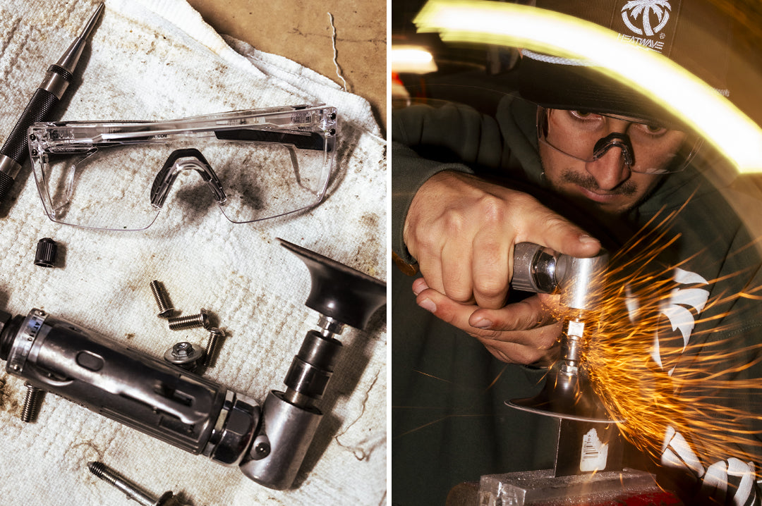 Back view of the clear anti fog Heat Wave Performance Lazer Slim safety glasses and close up view of Man using a grinder while wearing them.