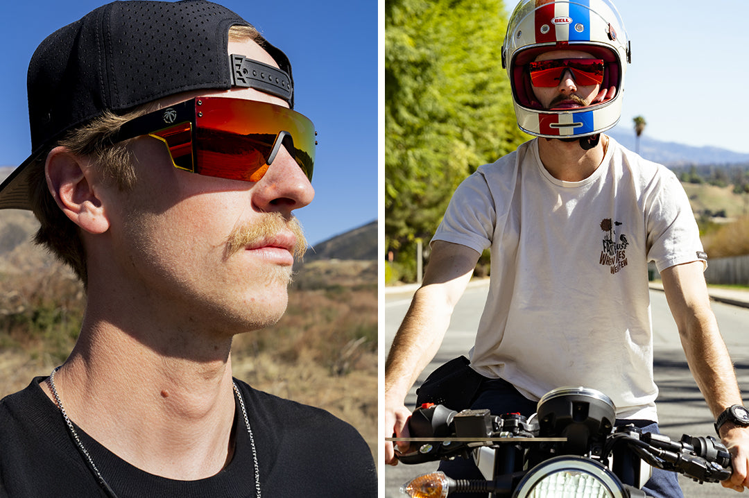 Motorcyclist wearing Heat Wave Visual Performance Lazer SLIM Sunglasses with firestorm red lens.