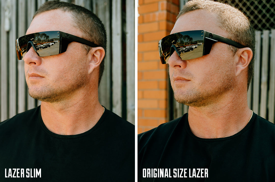 Side by side comparison of a man wearing the Heat Wave Performance Lazer Slim sunglasses and Performance Lazer Face sunglasses