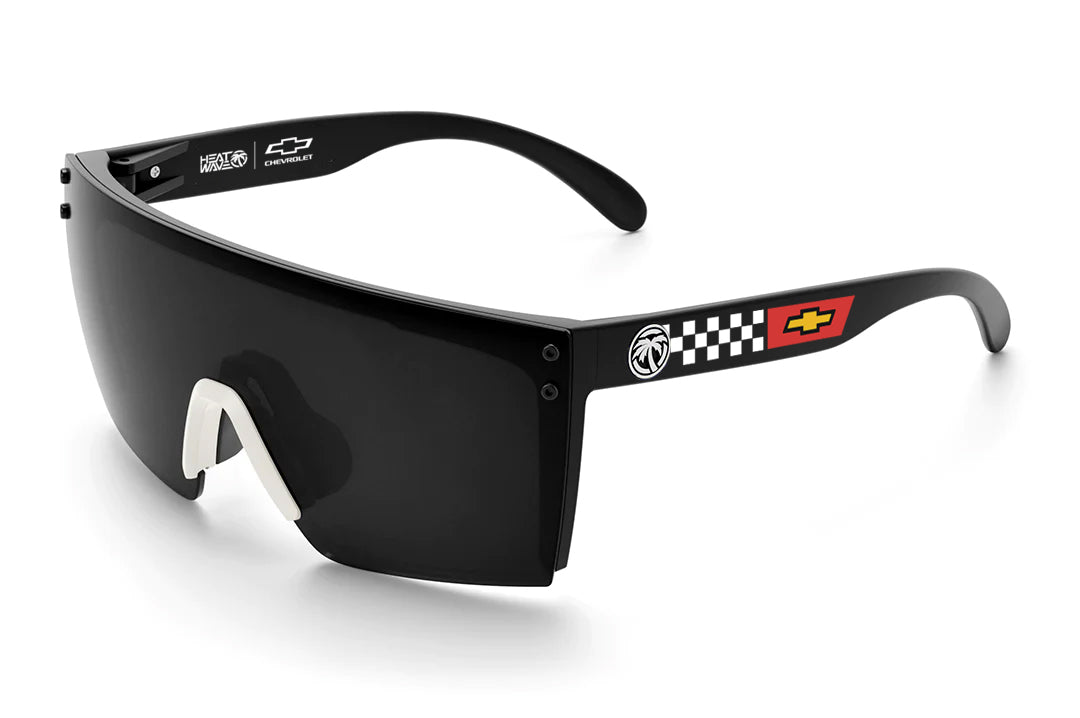 Heat Wave Visual Lazer Face Sunglasses with black frame, white nose piece, corvette print arms and black lens.