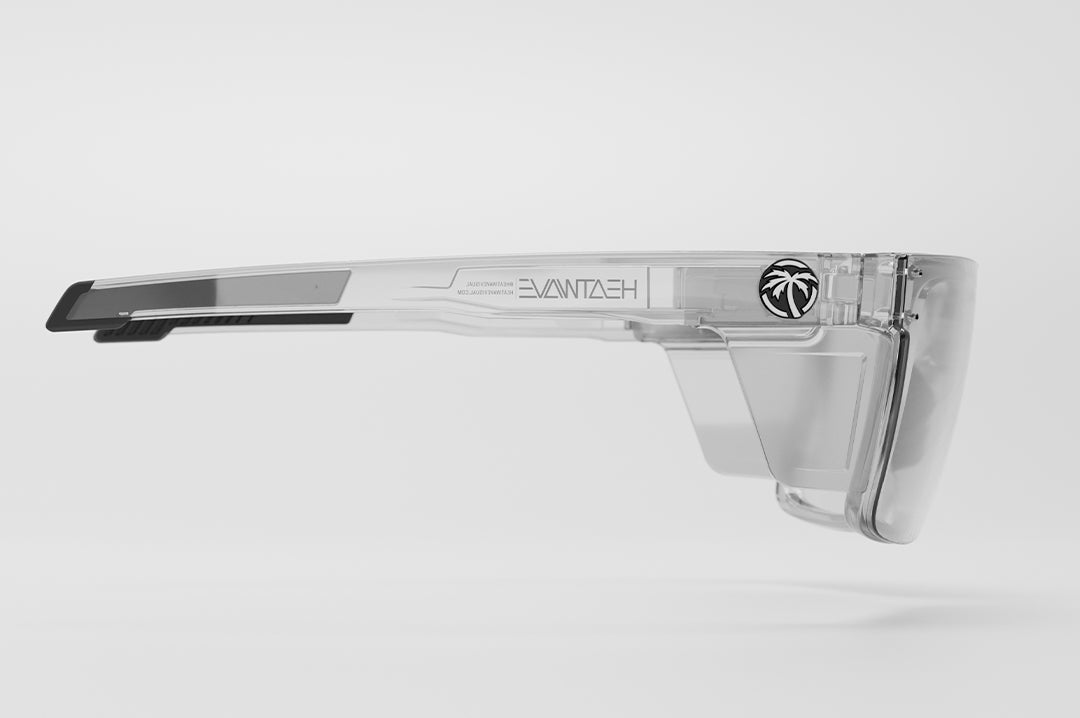 Side view of the Heat Wave Visual Performance Quatro Sunglasses with clear frame, anti-fog clear lens and clear side shields.
