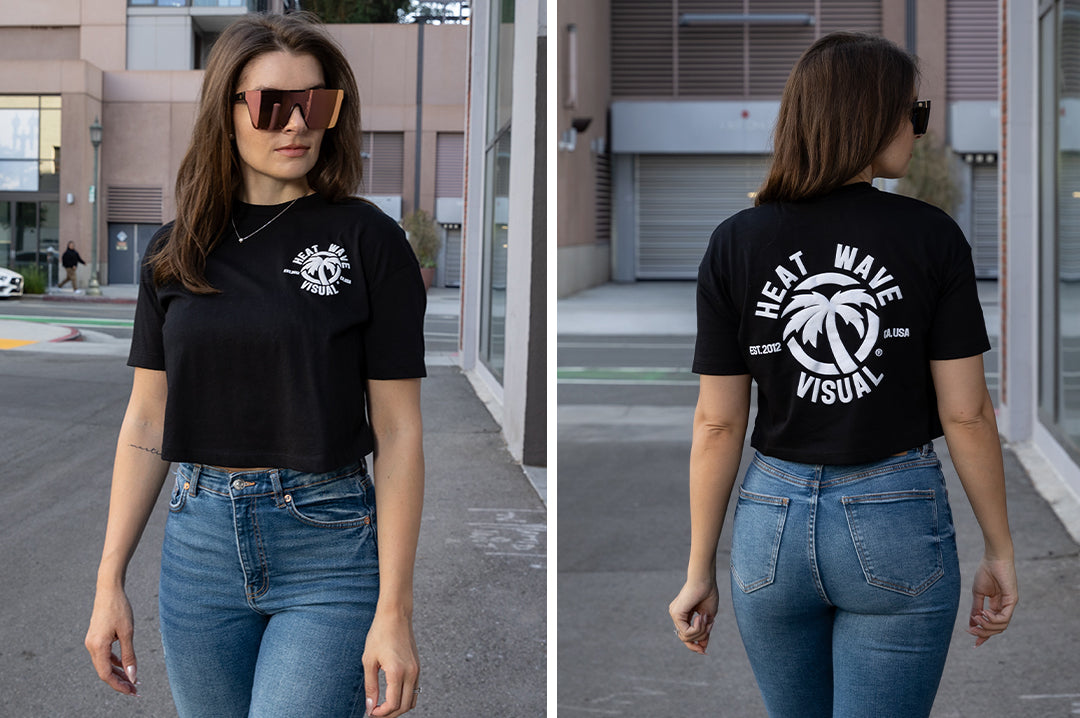 City girl rocking the Heat Wave Visual Standard Issue Ladies Crop Top T-shirt.