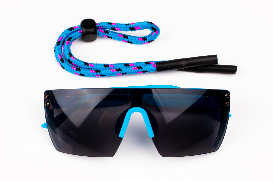 Heat Wave Visual Lazer Face kids sunglasses blue frame, static print arms and black lens with blue rope shade saver.