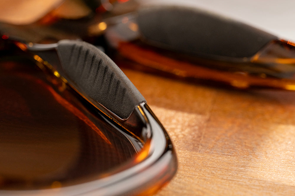 Close-up of the rubber nose piece on the Heat Wave Visual Performance XL Vise Tortoise Sunglasses.