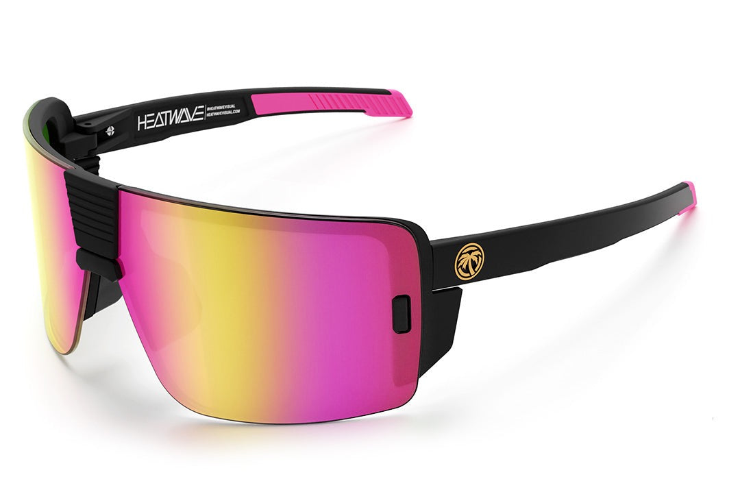 Heat Wave Visual Vector Sunglasses with black frame and spectrum pink yellow lens.