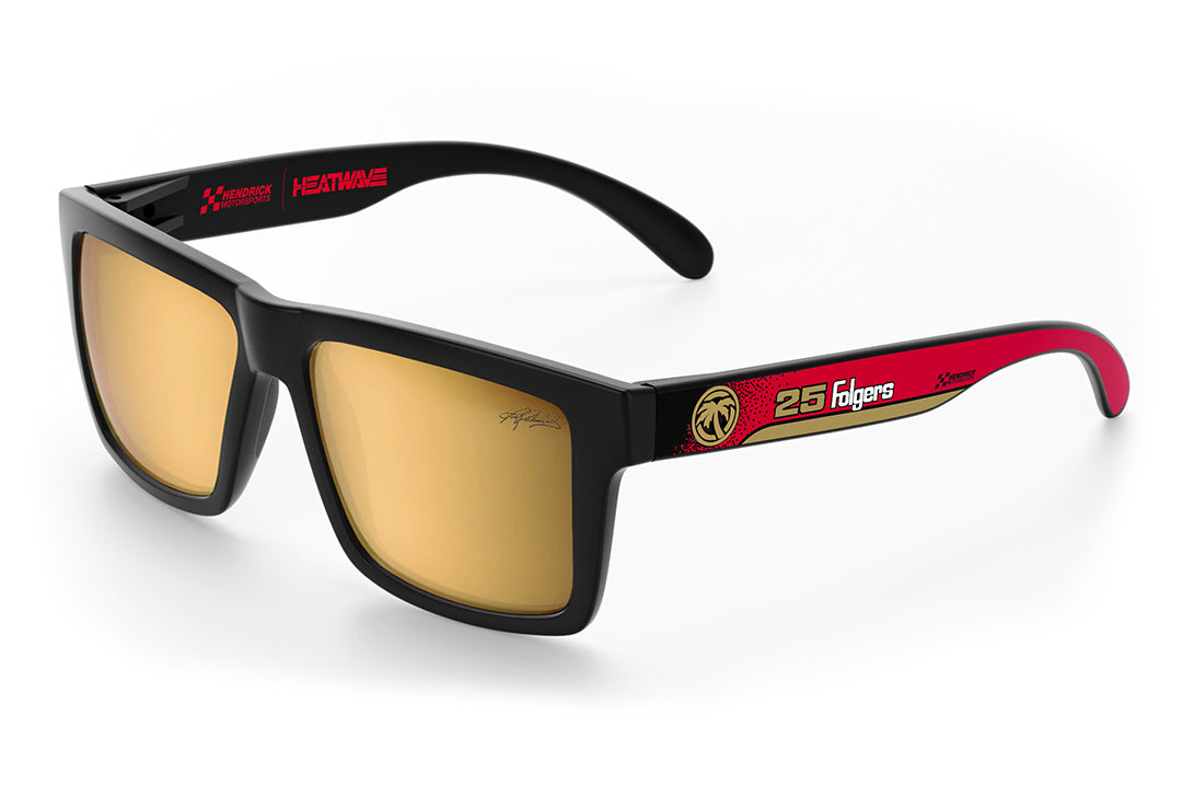3/4 angle shot of the Vise Z87 Sunglasses: Hendrick Motorsports | Tim Richmond #25 Folgers on a white background