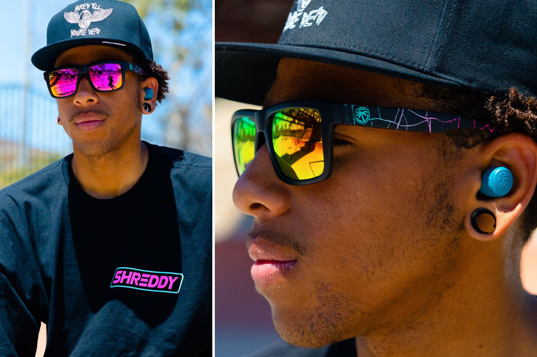 Young male skater wearing Heat Wave Visual Shreddy Crack Vise sunglasses. 