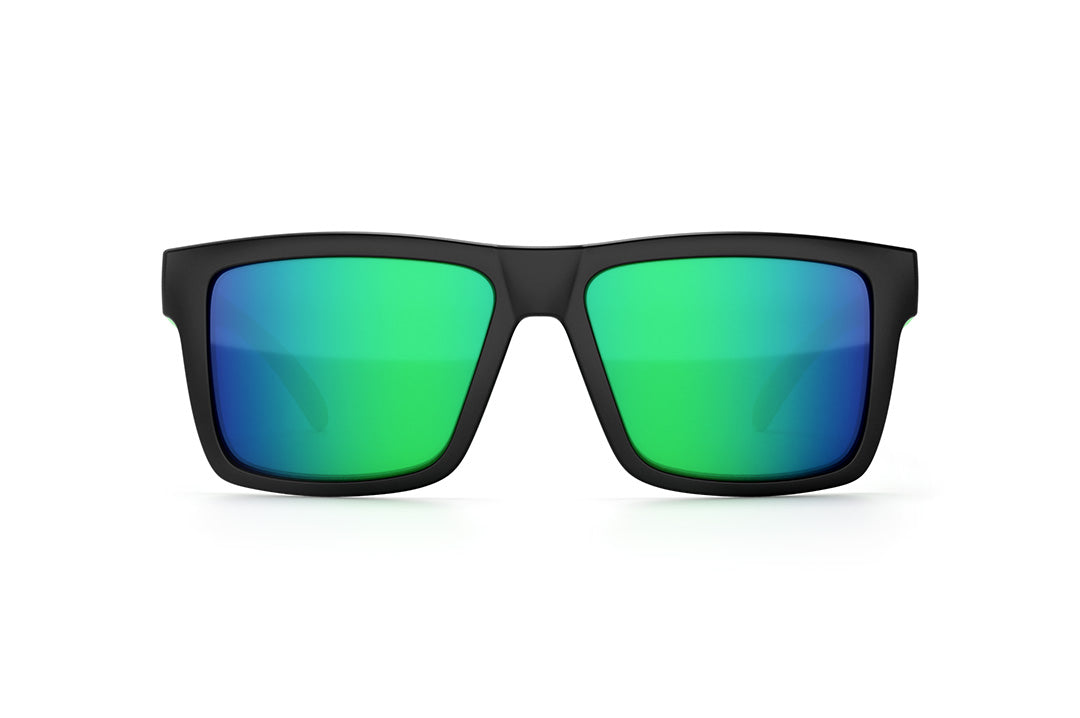 Front view of Heat Wave Visual Vise Sunglasses with black frame, Green and purple print arms and piff green lenses.