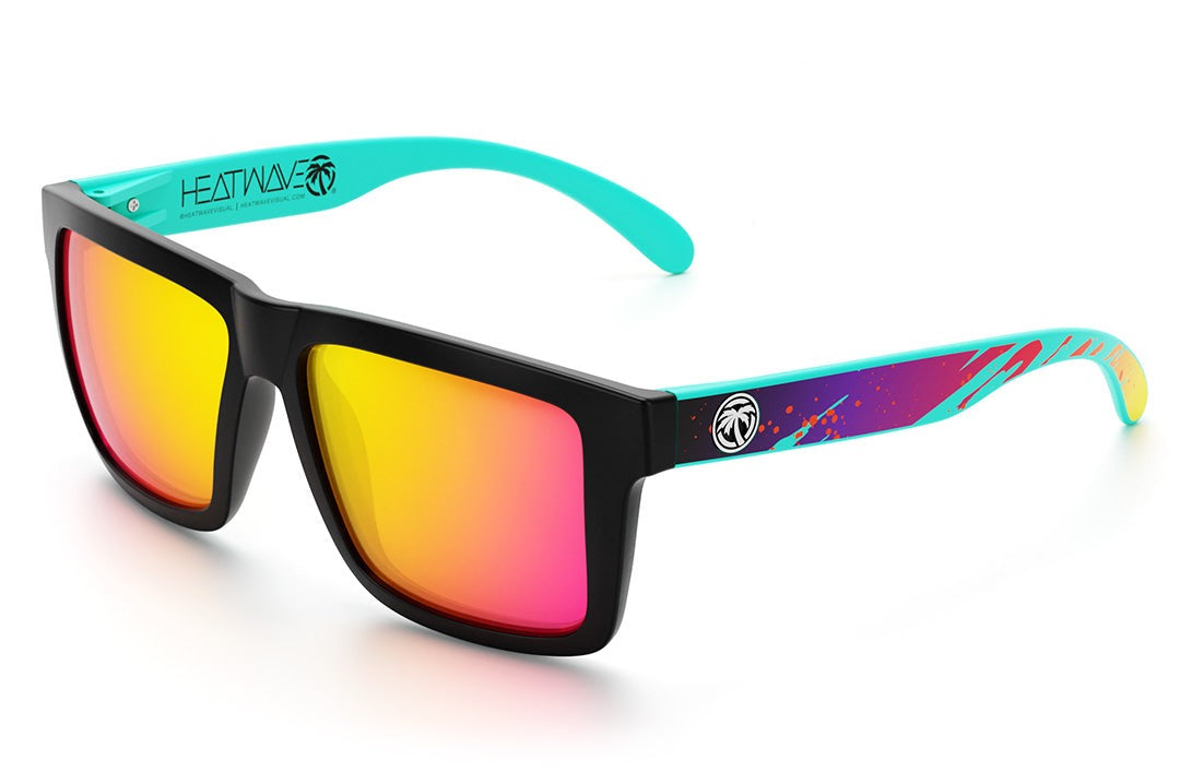 Heat Wave Visual XL Vise Sunglasses with black frame, aqua splash print arms and tropic pink yellow lenses.