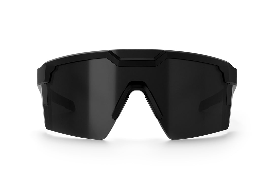 Front of Heat Wave Visual Future Tech Sunglasses with black frame and anti fog black lens.
