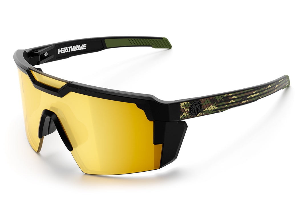 Heat Wave Visual Future Tech Sunglasses with black frame with camo print arms and gold lens.