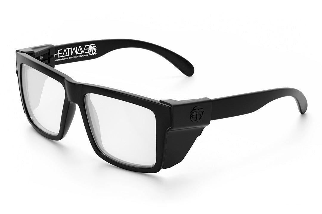 Heat Wave Visual Vise Z87 Sunglasses with black frame, clear lenses and black side shields.