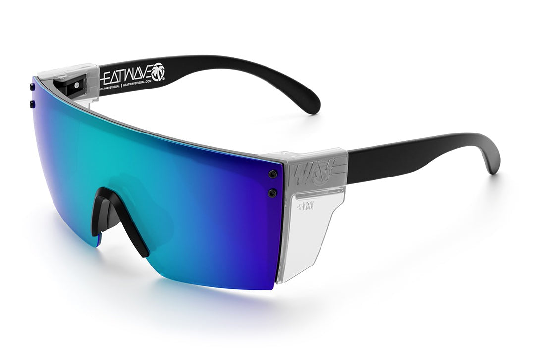 Heat Wave Visual Lazer Face Z87 Sunglasses with black frame, galaxy blue lens and clear side shields.