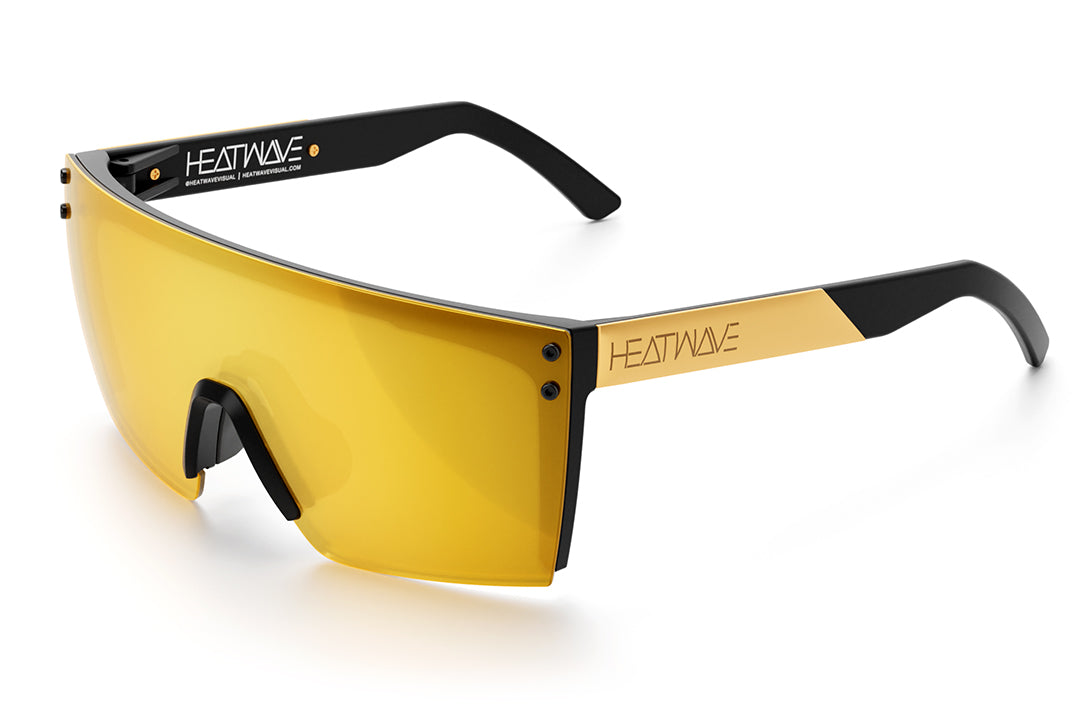 Heat Wave Visual Lazer Face Sunglasses with black frame, gold metal arms and gold lens.