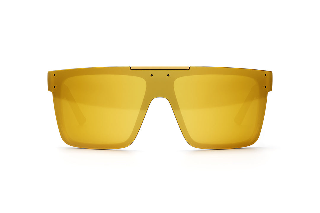 Front view of Heat Wave Visual Quatro Sunglasses with black frame, gold metal arms and gold lens.