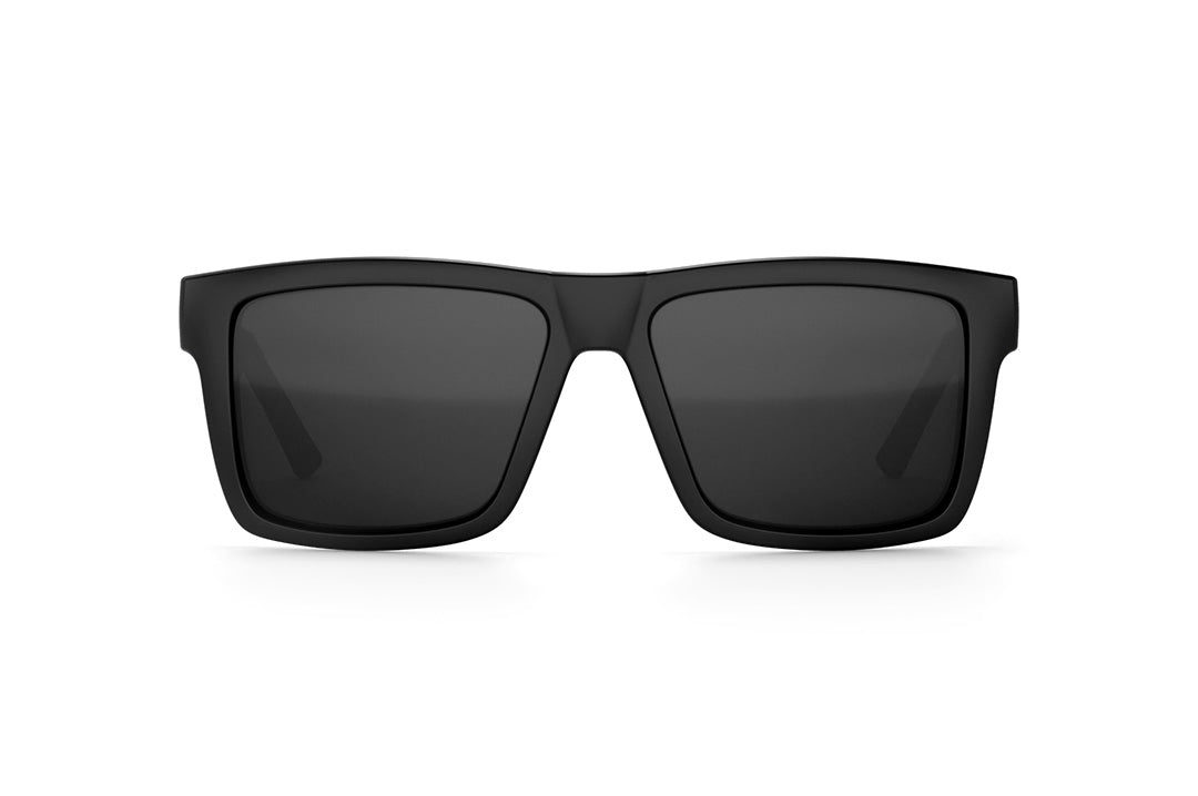 Front view of Heat Wave Visual Vise Sunglasses with black frame, black metal arms and black lenses. 