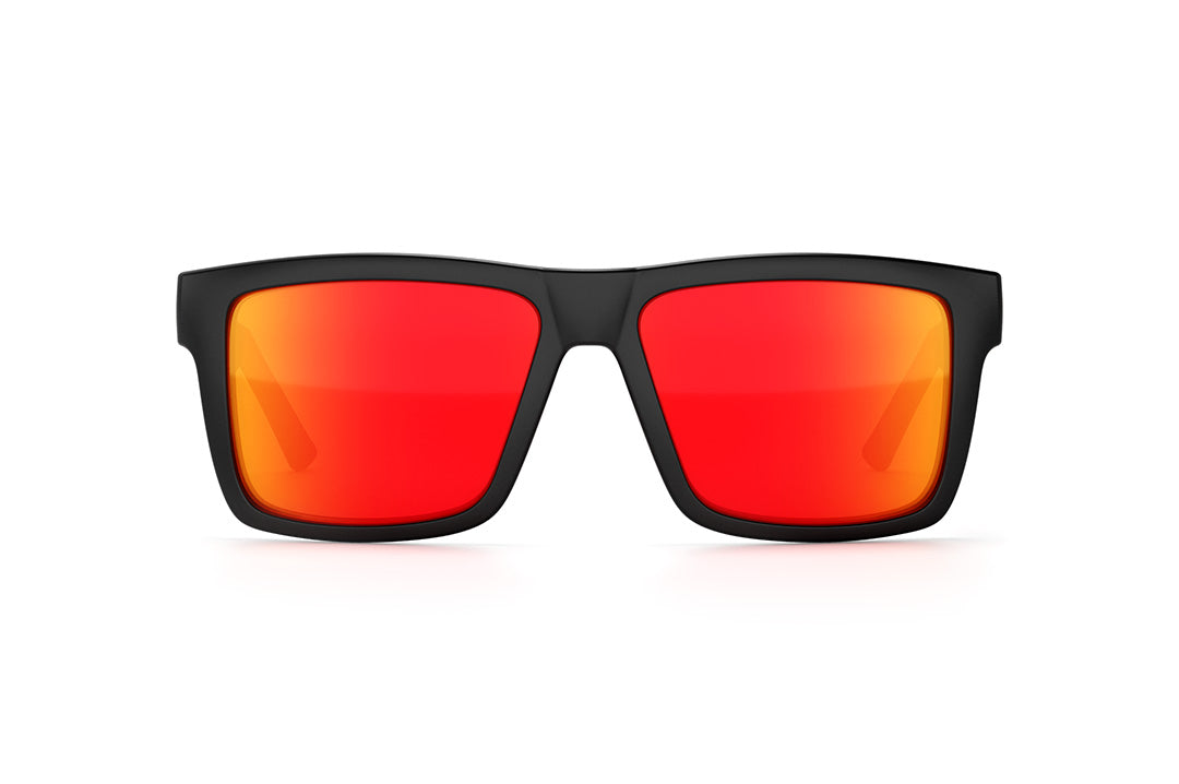 Front view of Heat Wave Visual Vise Sunglasses with black frame, black metal arms and sunblast orange yellow lenses. 