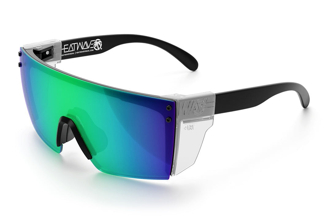 Heat Wave Visual Lazer Face Z87 Sunglasses with black frame, piff green lens and clear side shields.