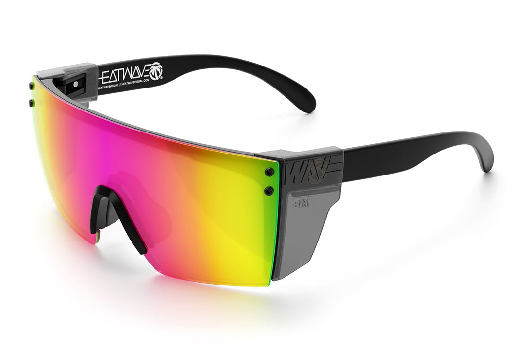 Heat Wave Visual Lazer Face Z87 Sunglasses with black frame, spectrum pink yellow lens and smoke side shields.