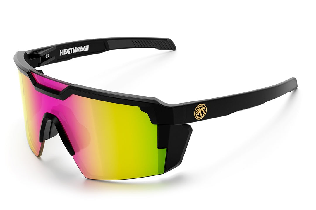 Heat Wave Visual Future Tech Sunglasses with black frame and spectrum pink lens.