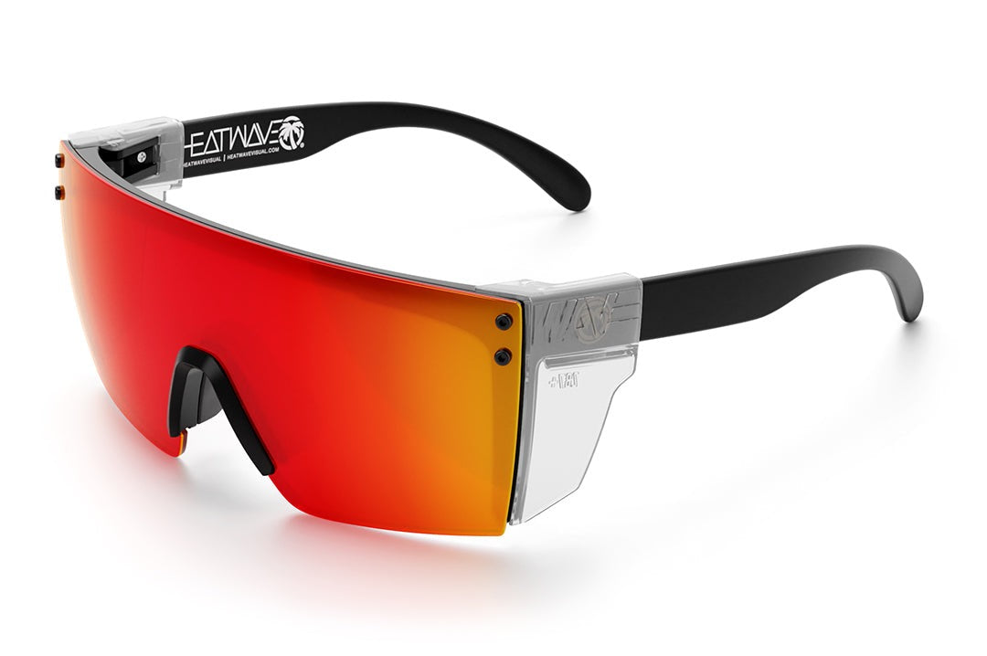 Heat Wave Visual Lazer Face Z87 Sunglasses with black frame, sunblast orange yellow lens and clear side shields.