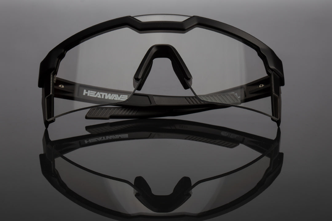 Front of Heat Wave Visual Future Tech Sunglasses with black frame and clear lens.