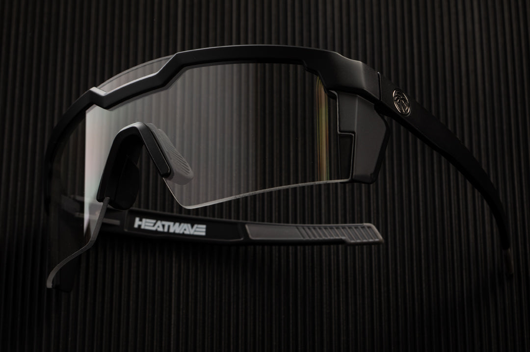 Side of Heat Wave Visual Future Tech Sunglasses with black frame and clear lens.
