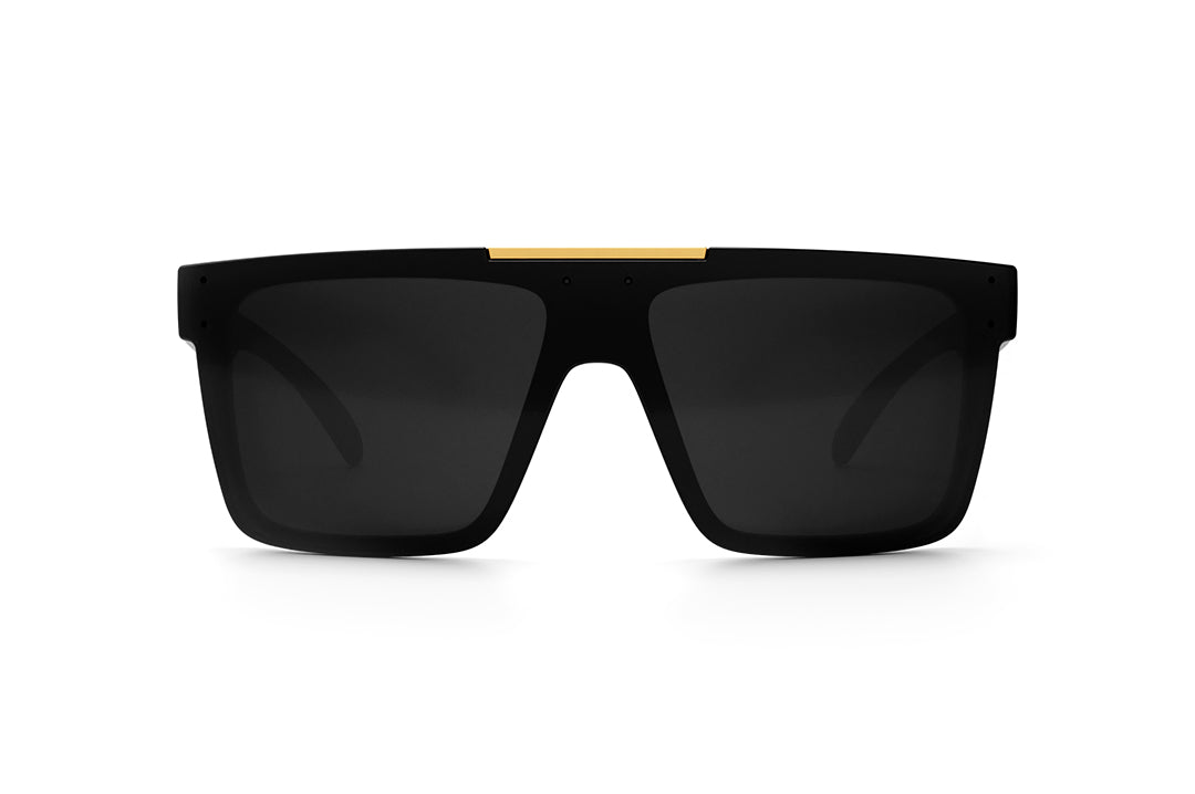 Front view of Heat Wave Visual Quatro Sunglasses with black frame, gold bar and black lens.