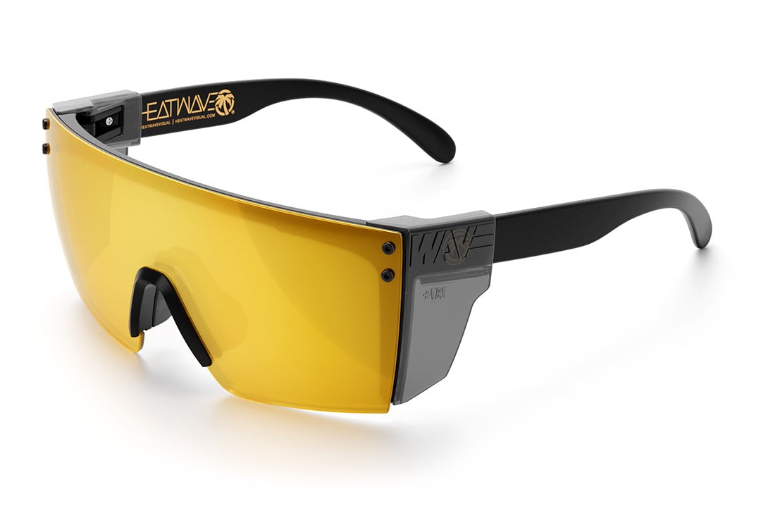 Heat Wave Visual Lazer Face Z87 Sunglasses with black frame, gold lens and smoke side shields.