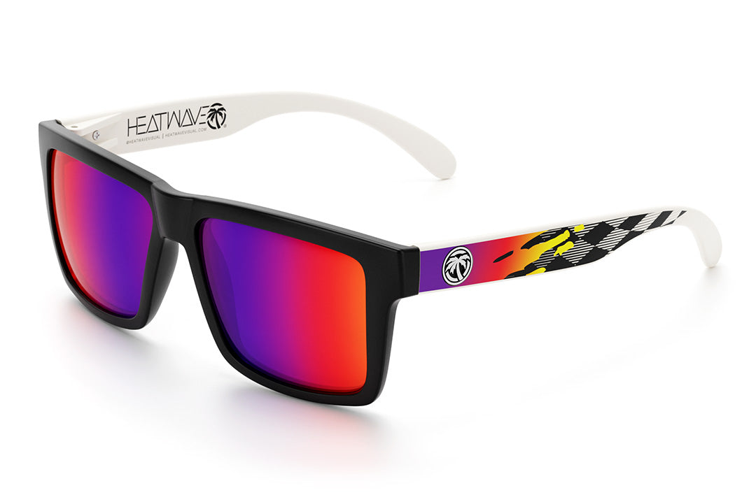 Heat Wave Visual Vise Sunglasses with black frame, blurr print arms and atmosphere red blue lenses.