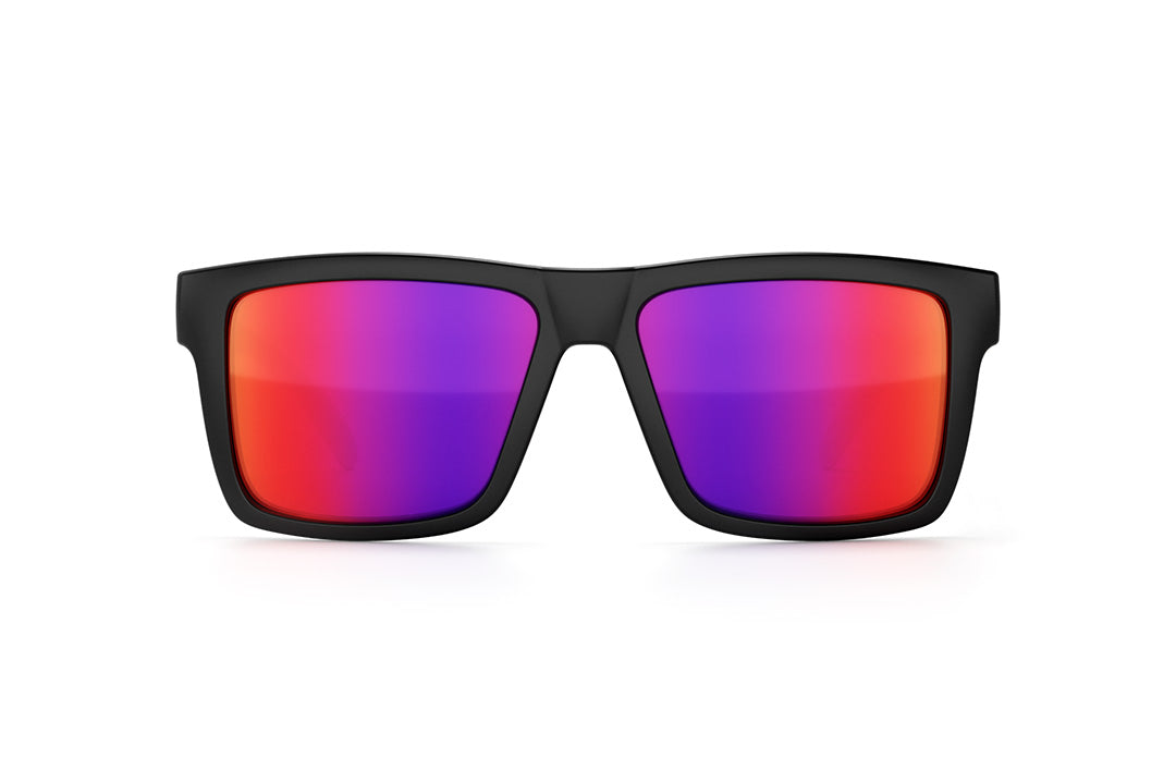 Front view of Heat Wave Visual Vise Sunglasses with black frame, blurr print arms and atmosphere red blue lenses.