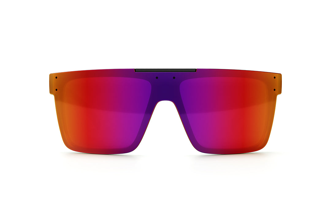 Front view of Heat Wave Visual Quatro Sunglasses with black frame, blurr print arms and atmosphere red blue lens. 