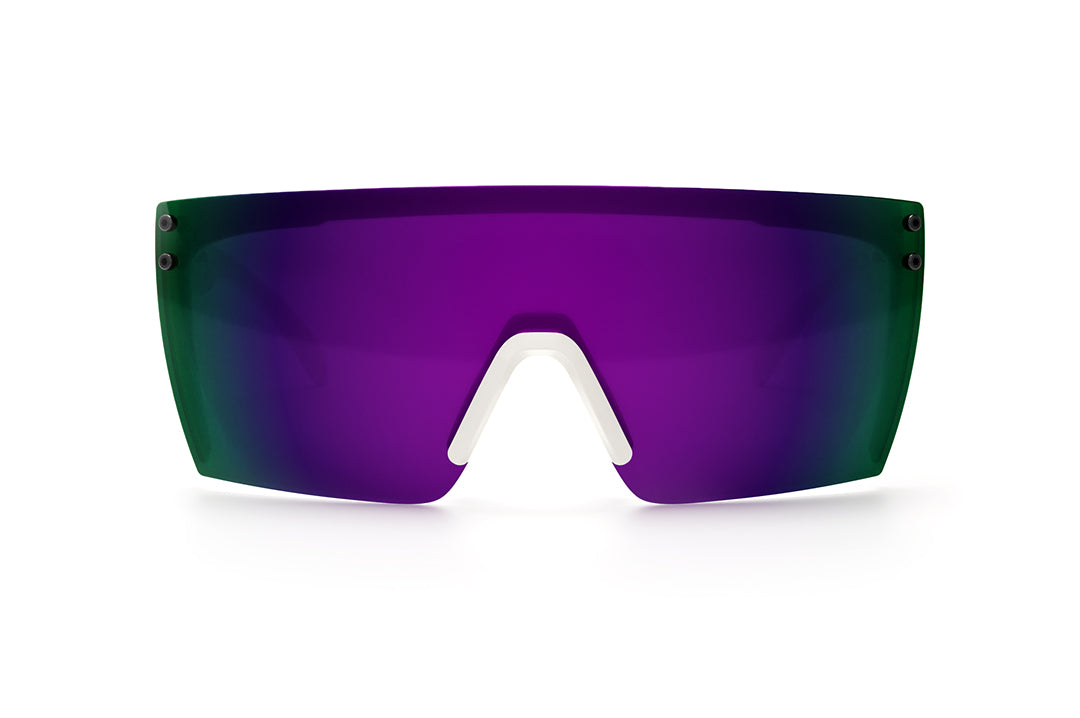 Front view of Heat Wave Visual Lazer Face Sunglasses with white frame, blurr print arms and ultra violet lens.
