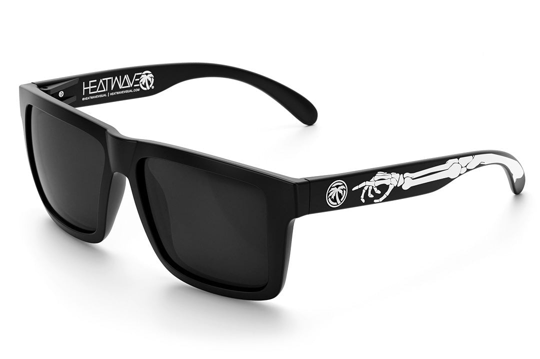 Heat Wave Visual XL Vise Sunglasses with black frame, bones print arms and black lenses.