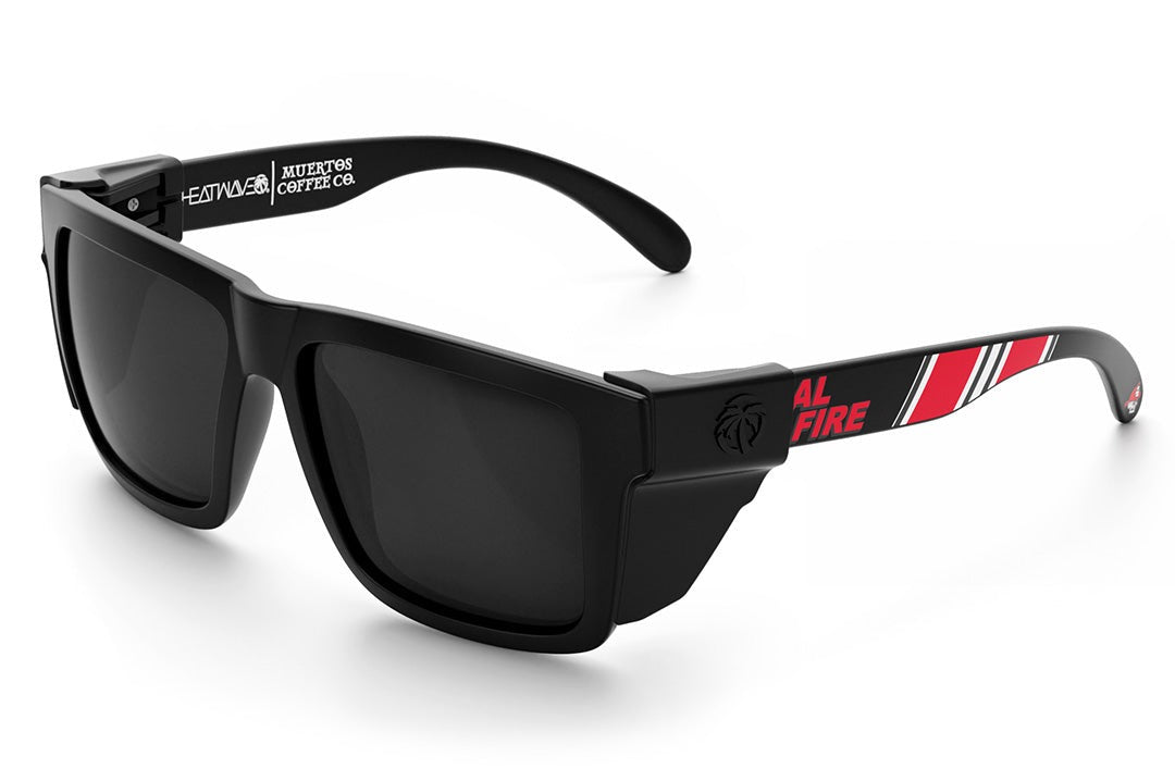 Heat Wave Visual XL Vise Sunglasses with black frame, cal fire print arms, black lenses and black side shields.