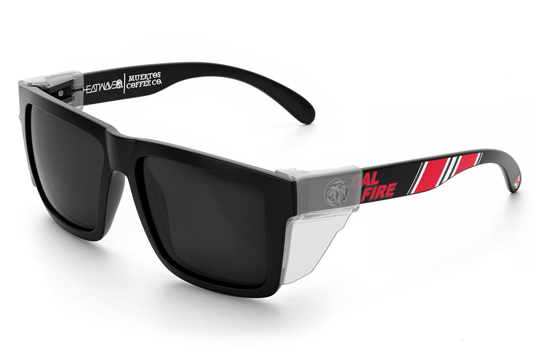 Heat Wave Visual XL Vise Sunglasses with black frame, cal fire print arms, black lenses and clear side shields.