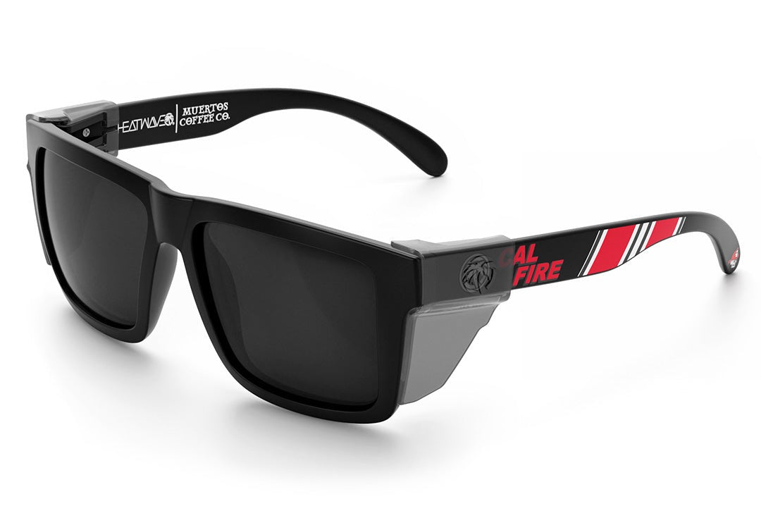Heat Wave Visual XL Vise Sunglasses with black frame, cal fire print arms, black lenses and smoke side shields.