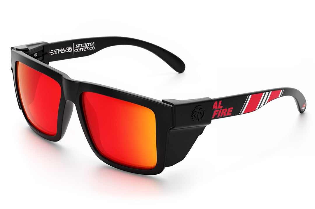 Heat Wave Visual XL Vise Sunglasses with black frame, cal fire print arms, sunblast orange yellow lenses and black side shields.