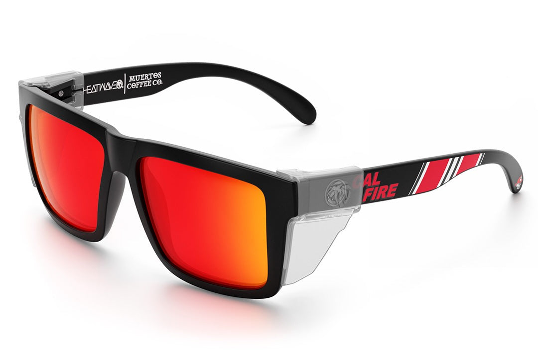 Heat Wave Visual XL Vise Sunglasses with black frame, cal fire print arms, sunblast orange yellow lenses and clear side shields.