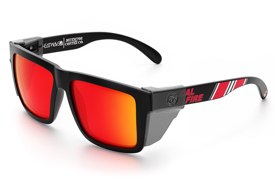 Heat Wave Visual XL Vise Sunglasses with black frame, cal fire print arms, sunblast orange yellow lenses and smoke side shields.