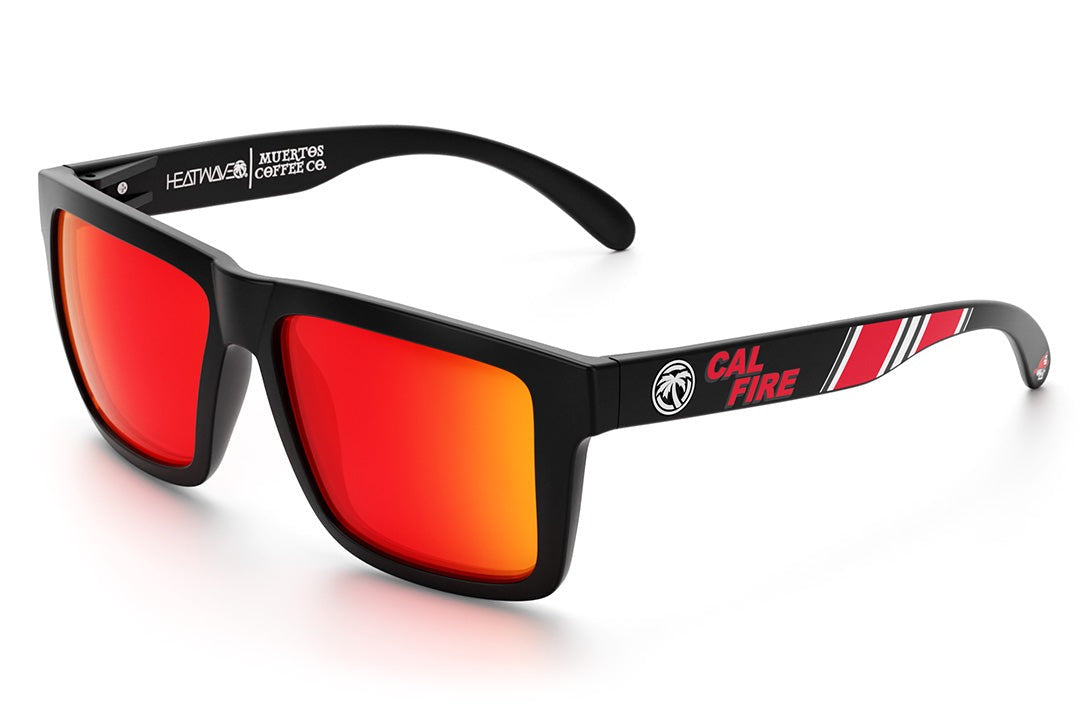 Heat Wave Visual XL Vise Sunglasses with black frame, cal fire print arms and sunblast orange yellow lenses.