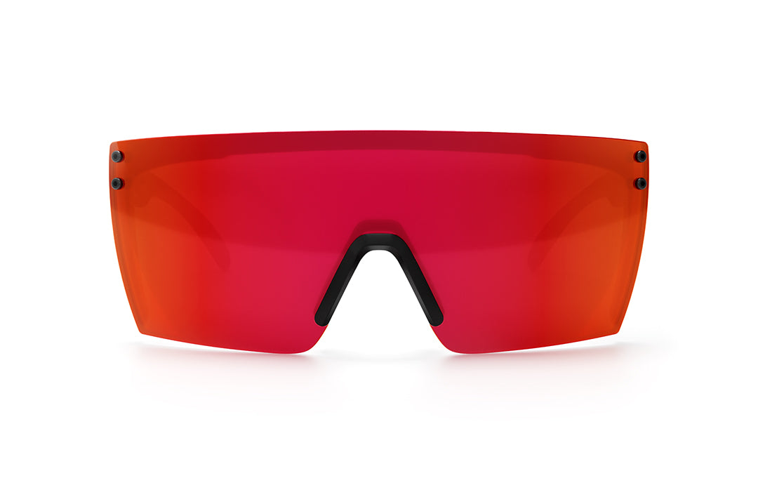 Front view of Heat Wave Visual Lazer Face Z87 Sunglasses with black frame, cal fire print arms and firestorm red lens.