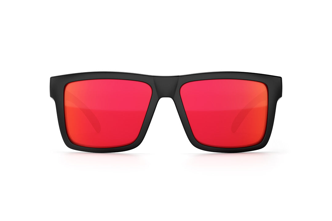 Front view of Heat Wave Visual Vise Z87 Sunglasses with black frame, cal fire print arms and firestorm red lenses.